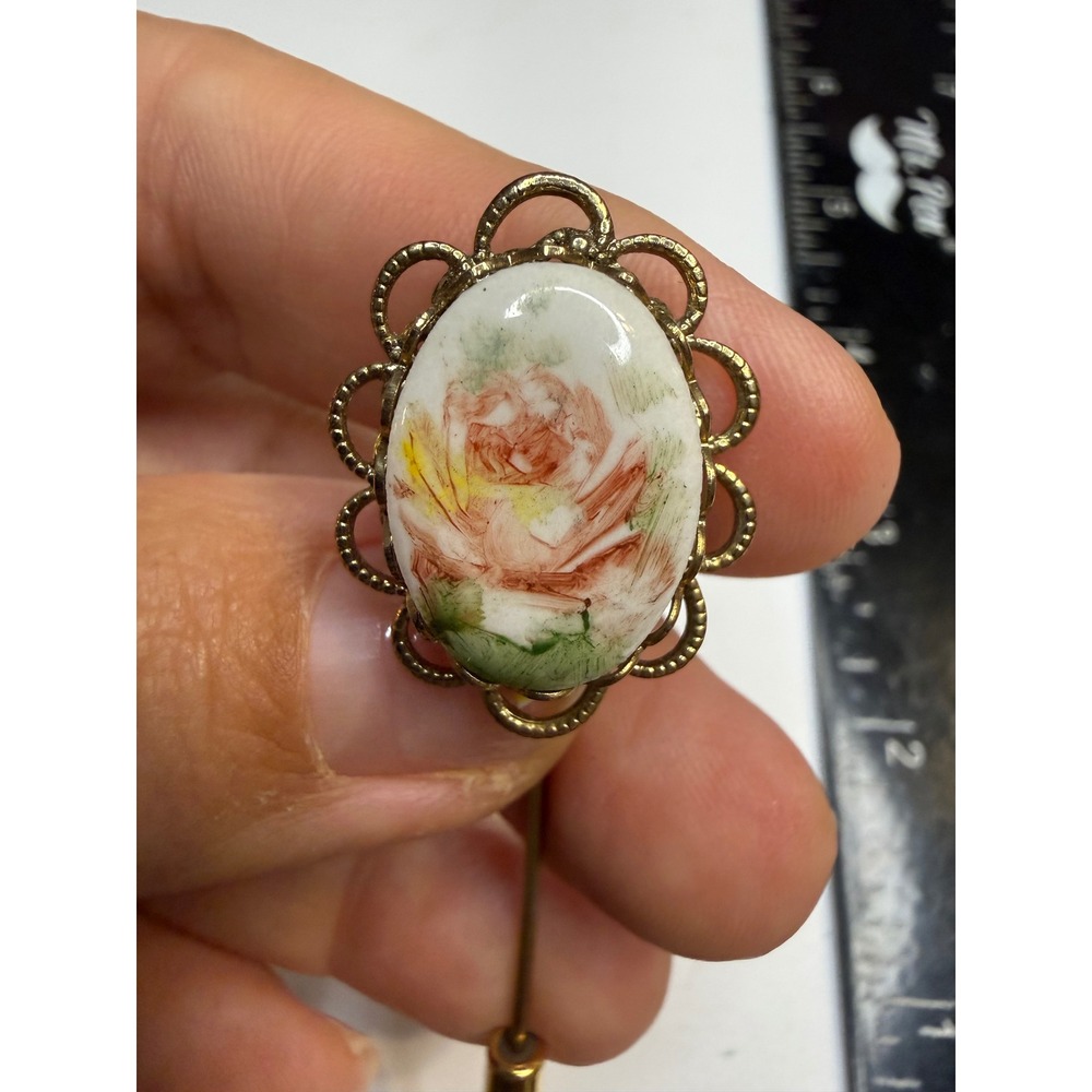 Vintage Hand Painted Porcelain Rose Stick Pin Gold Tone Filigree Floral Brooch